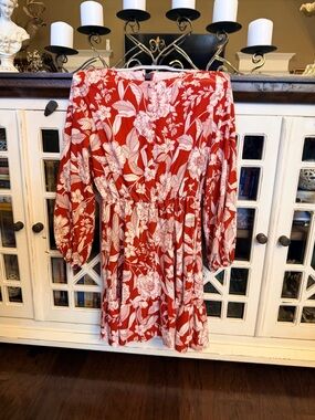 Women's Red Floral Casual Long-Sleeve Dress